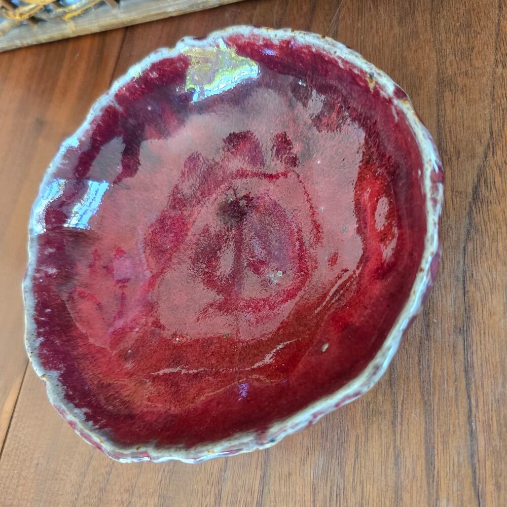 Studio Art Pottery Red Bowl Gray Drip Rim Glazed Classic Rustic Earthy Boho - Picture 3 of 10